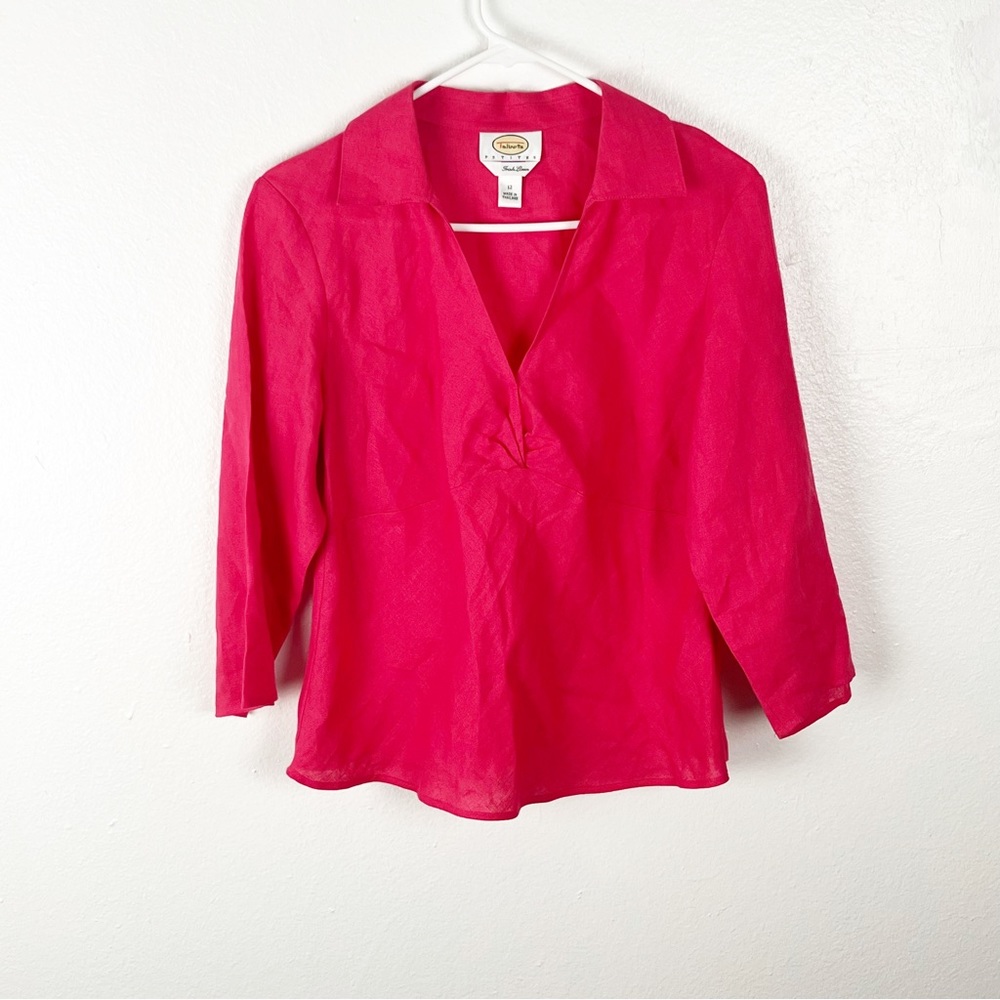 TALBOTS 100% Irish Linen Pink Side Zipper V-Neck Blouse, Size 12